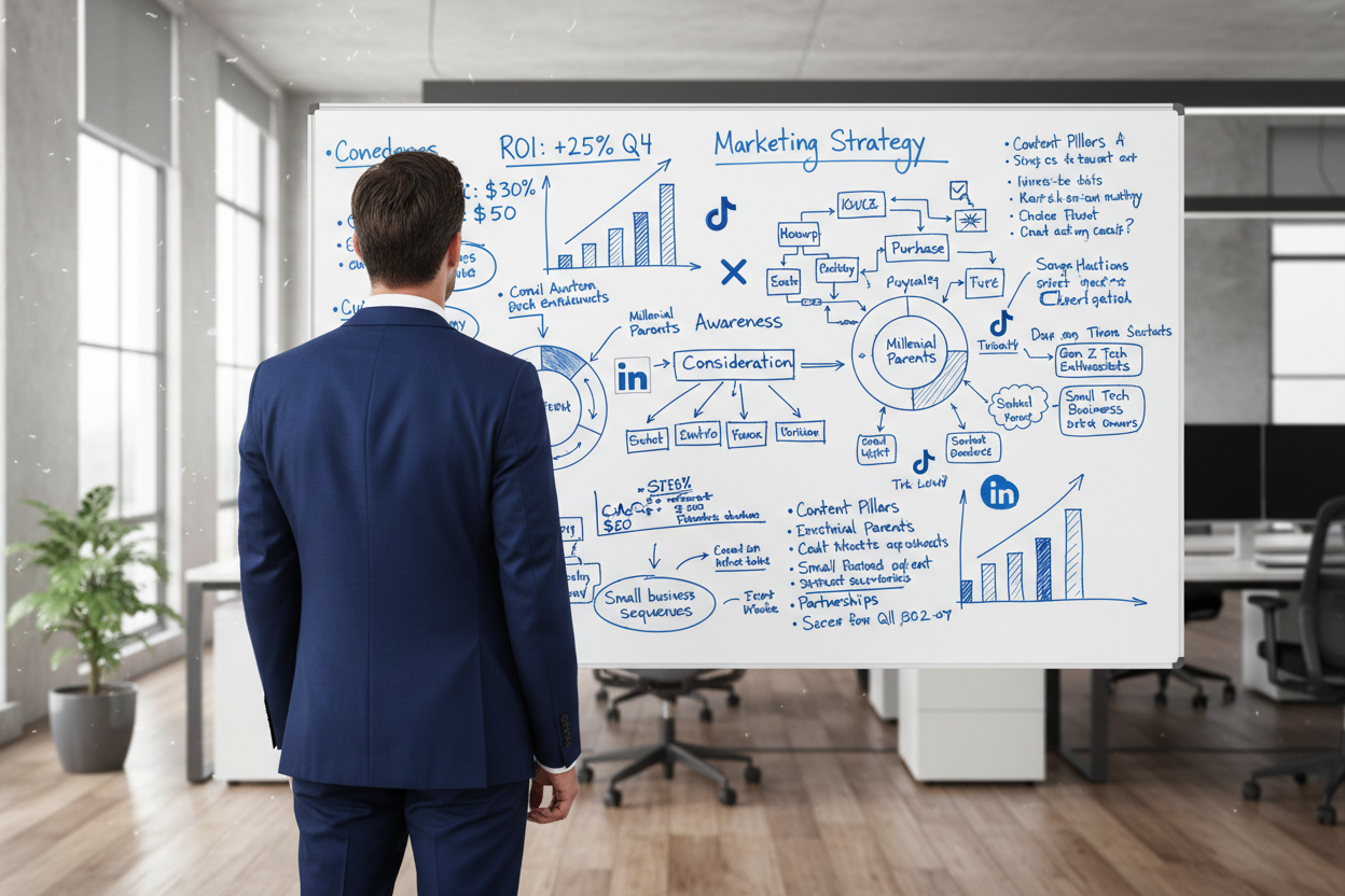 Planificación estratégica de marketing digital de Iron Strategic mostrando un método de crecimiento empresarial con análisis de funnel, redes sociales, contenido y optimización del ROI en una pizarra de estrategia.